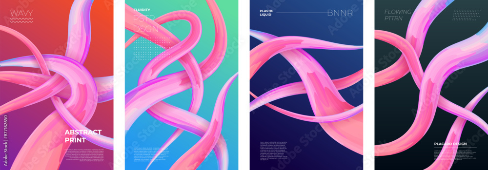 Poster abstract intertwined plastic fluidity poster set. modern colorful wavy 3d liquid lines on colored ba