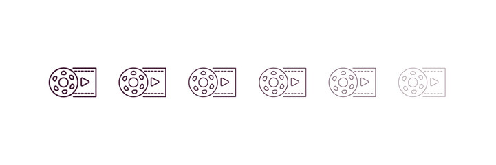 film reel playing outline icon. Linear vector from cinema concept. 6 different line style film reel playing icon included thin, light, regular, medium, bold, black