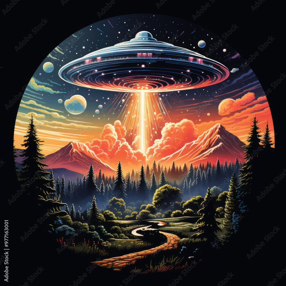 Aufkleber a glowing ufo emits a beam of light onto the ground in a tranquil forest setting as colorful clouds 