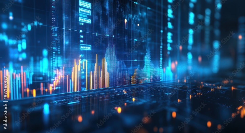 Poster abstract digital data visualization with glowing lines and graphs