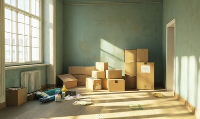 New home move-in, cardboard boxes and cleaning equipment, scattered supplies in an empty room, natural daylight.