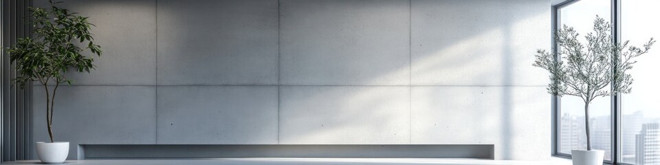 Modern hall interior, empty gray wall, clean and simple design, diffused daylight. Banner with copy space.