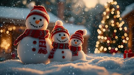 A Joyful Cheerful Snowman Family Standing Proudly in a Snowy Yard Perfect for Holiday Cheer and Seasonal Decor