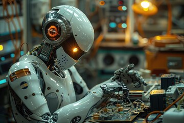 Futuristic Robot Fixing Circuit Board