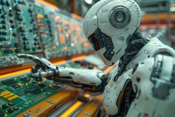 Futuristic Robot Working on Control Panel