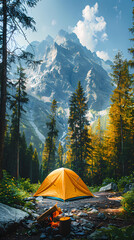 camping tent in the forest.Summer camp with bonfire, tent, backpack . landscape with mountain, forest and campsite.
