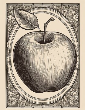 Apple hand drawn illustration. Apple sketch vector illustration. Apple and leaf design. Vintage frame.