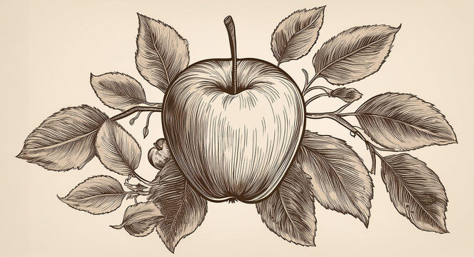 Apple hand drawn illustration. Apple sketch vector illustration. Apple and leaf design. Vintage frame.