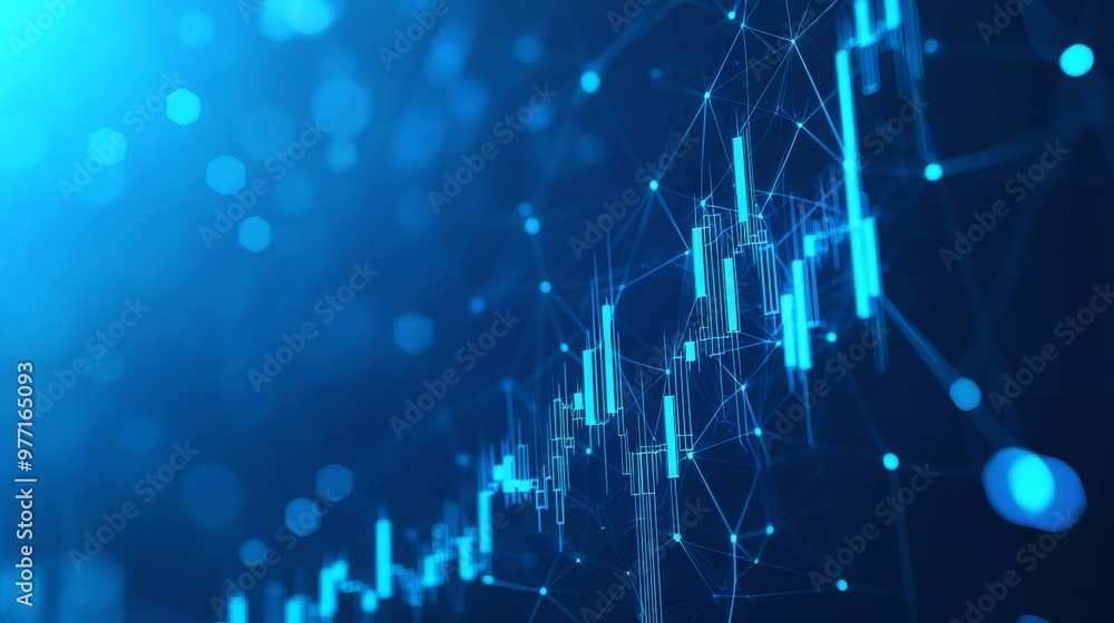 Poster digital candlestick graph chart of stock in futuristic low poly wireframe style. web banner of tradi