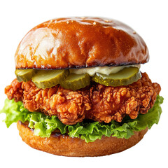 A delicious fried chicken sandwich with crunchy lettuce, pickles, and creamy sauce, all nestled in a soft, shiny pretzel bun