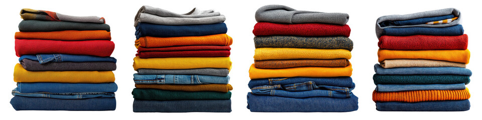 A neat arrangement of various folded sweaters and clothing items in vibrant colors, showcasing a cozy and organized collection