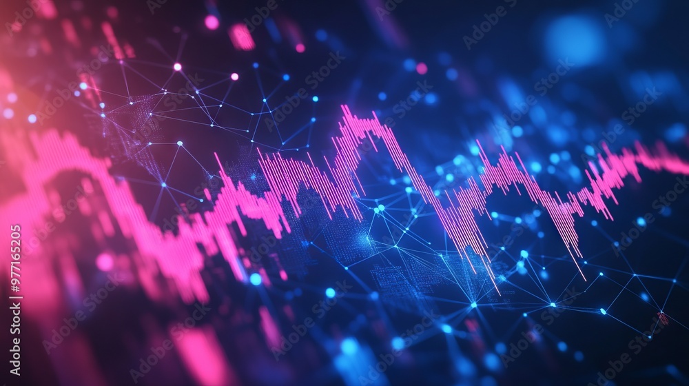 Poster digital candlestick graph chart of stock in futuristic low poly wireframe style. web banner of tradi