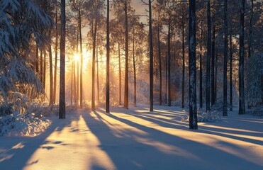 Beautiful winter forest landscape with snow-covered trees and sunlight rays, sunset light in the sky