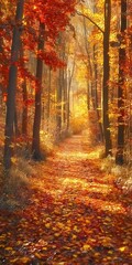 A tranquil autumn scene with warm golden foliage and sunlight filtering through the trees along a path.