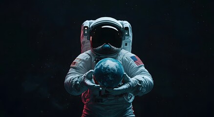 Fototapeta premium Astronaut in space suit holding earth on dark background. Space exploration concept, an astronaut with earth in hand. Figure of an astronaut against the sky. 3D sci-fi art. 