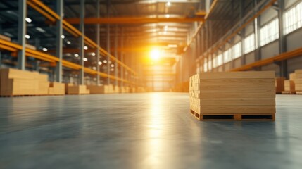 Fototapeta premium Efficient Warehouse Scene with Glowing Sunlight Enhancing Productive Manufacturing Atmosphere