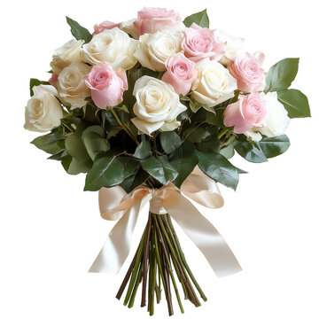 A beautiful bouquet featuring an array of pink and white roses, elegantly bound with a ribbon, surrounded by lush green leaves