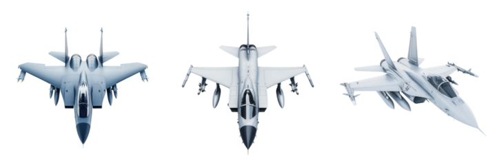 Three combat aircraft displayed from a top view. These fighter jets represent power, technology, and advanced aviation design. isolated on a transparent background