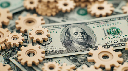 Hundred Dollar Bills with Beige Gears Representing Economic Strategy and Financial Mechanics on Light Background