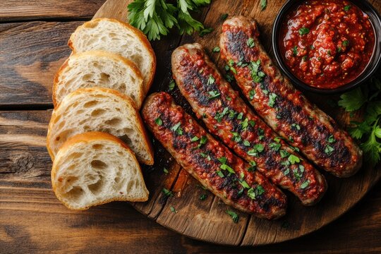 balkan street food concept banner featuring delicious cevapi with ajvar and bread on a wooden table, with space for text