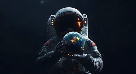 Astronaut in space suit holding earth on dark background. Space exploration concept, an astronaut with earth in hand. Figure of an astronaut against the sky. 3D sci-fi art. 