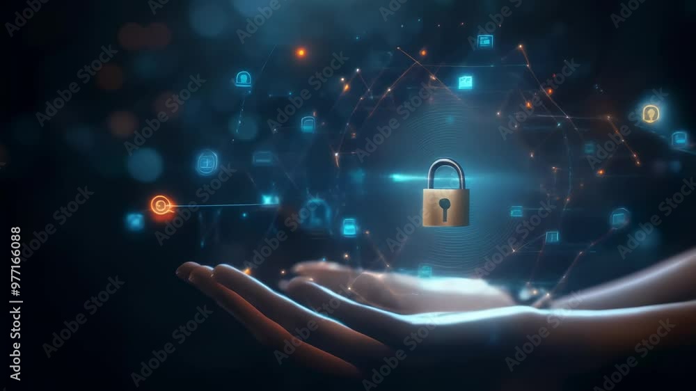 Poster Hand holding a floating digital lock icon representing secure online data and cybersecurity solutions. Digital safety in modern technology.