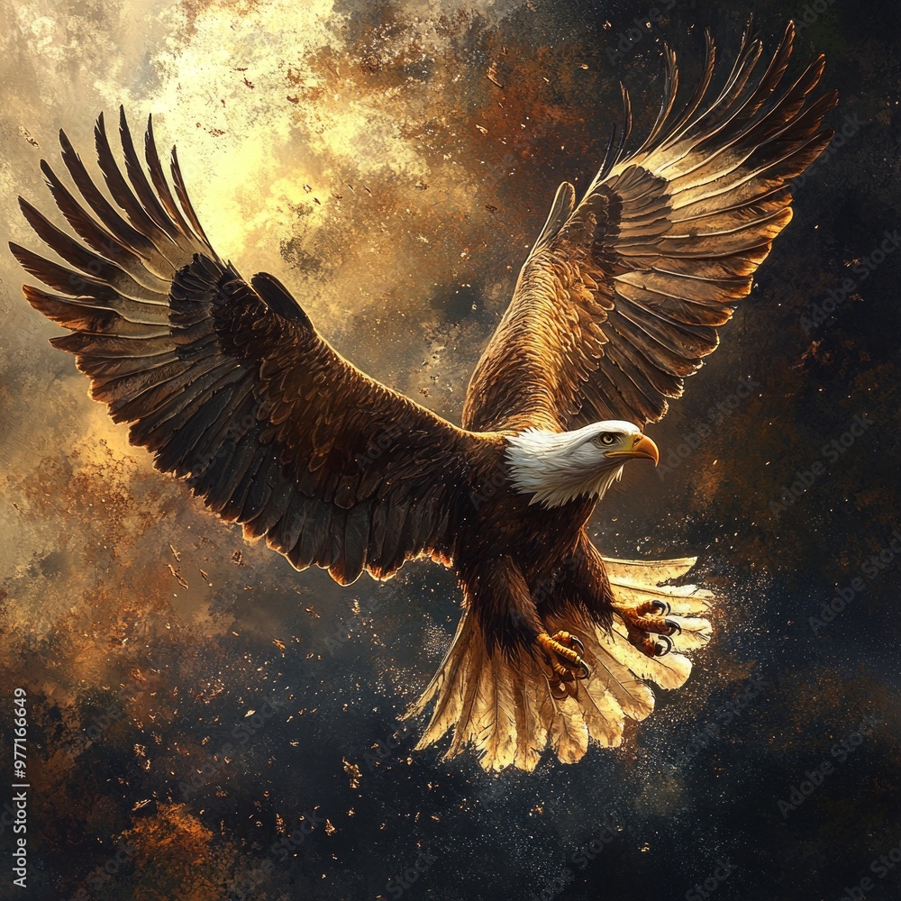 Wall mural A majestic eagle soaring through a dramatic, fiery sky.