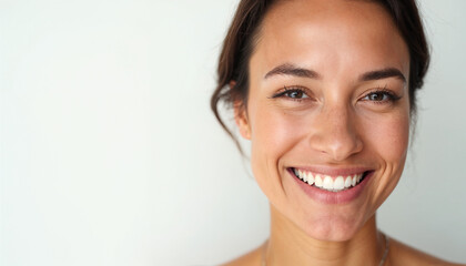 Close-up portrait of a smiling woman with clean teeth and fresh hair, set against a white background.