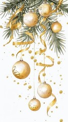 Fototapeta premium Border with green fir branches, gold balls. Pine, xmas evergreen plants seamless banner. Christmas tree garland decoration