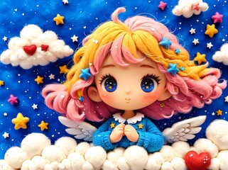 Fototapeta premium A girl with pink hair and wings sits on a cloud. The sky is blue and the stars are shining.