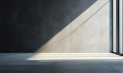 Obraz premium Minimalistic hall interior with an empty gray wall, sleek and modern design, soft natural light.
