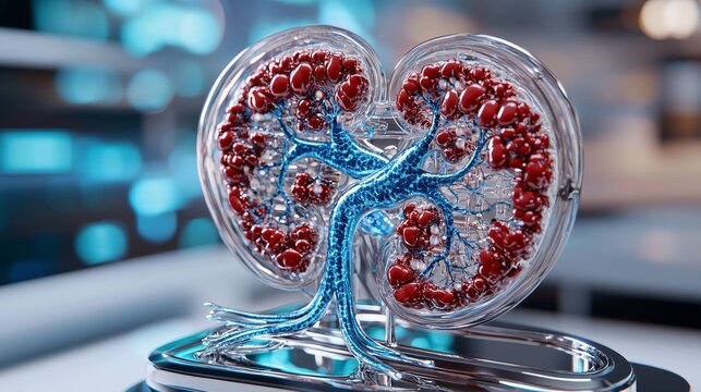 Detailed representation of the human excretory system, photorealistic, kidneys, urinary tract, nephrons, filtration, reabsorption, waste removal, urine formation, renal function,