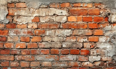 Old red brick wall, damaged background, rustic and weathered look, soft natural light.