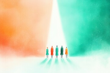 A group of figures walking towards a bright light, surrounded by warm and cool gradient colors. Abstract and symbolic.