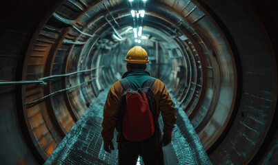 Fototapeta premium A worker in work gear walks through a dimly lit tunnel illuminated by orange lights.