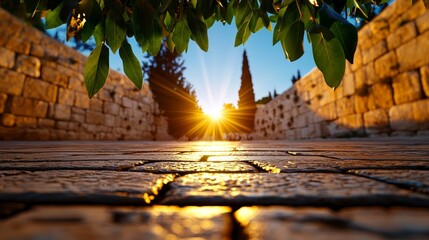 Fototapeta premium Picturesque sunrise over the Wailing Wall in Jerusalem, realistic, historical Jewish site, Western Wall, religious significance, prayer rituals, ancient stones, cultural heritage