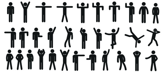 a set of pictograms of human figures, icons of people, silhouettes, various poses of human figures, stick man hand gestures
