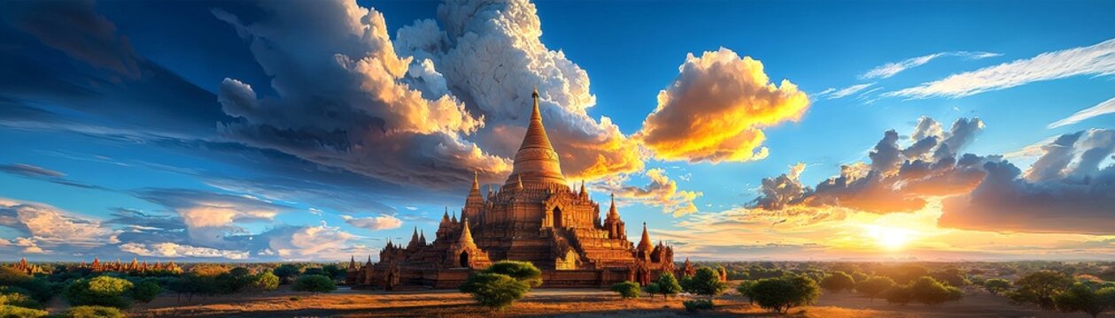 Serene, picturesque view of the Bagan temples in Myanmar, photorealistic, ancient archaeological site, Buddhist pagodas, stunning sunrise or sunset, historical and spiritual significance, cultural