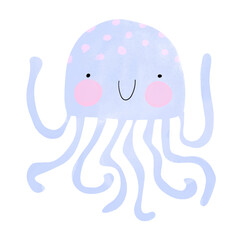Cute Nursery Vector Art with Smiling Octopus. Blue Happy Octopussy Cartoon on a White Background. Crayon Drawing Style Cartoon ideal for Wall Art, Poster. Sea and Ocean Life. 