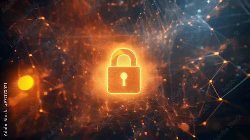 Poster Digital security padlock glowing within a dynamic network environment. Protecting data against cyber threats.
