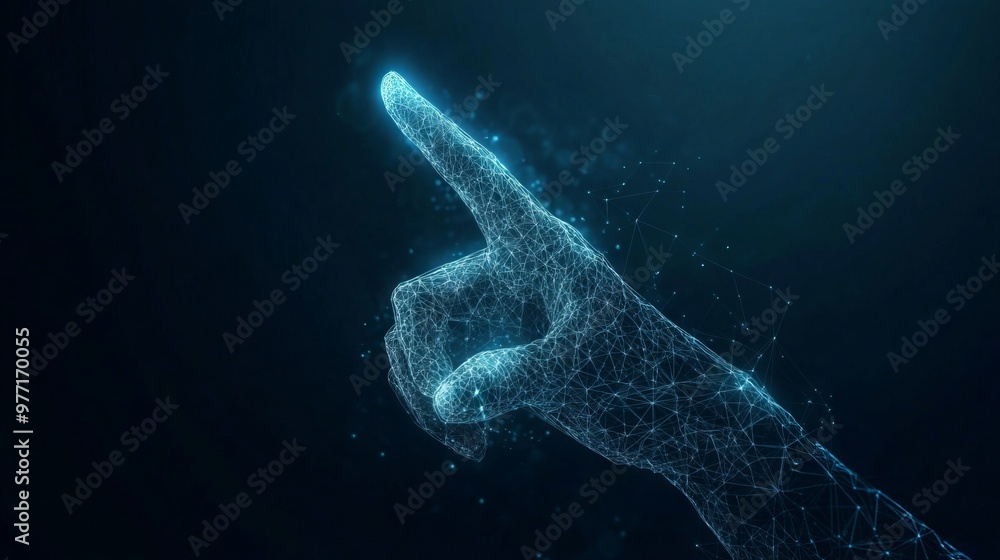 Poster 3d hand with index finger pressing or pushing button. action or gesture concept in dark blue backgro