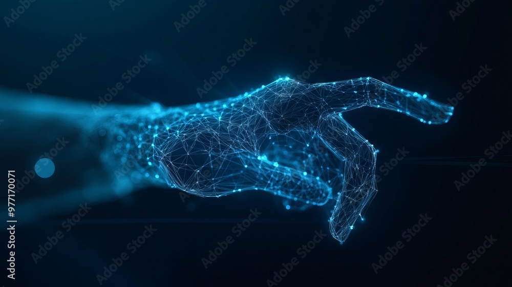 Poster 3d hand with index finger pressing or pushing button. action or gesture concept in dark blue backgro