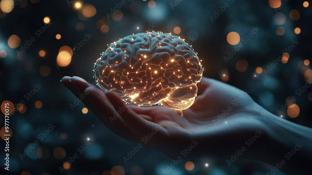 Poster technology and innovation concept. artificial intelligence and neural networks. hand holding a digit