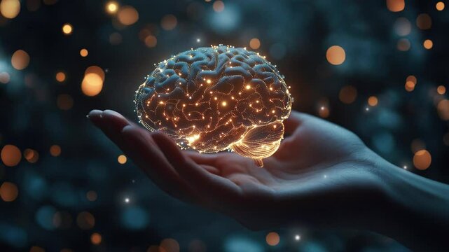 Technology and innovation concept. Artificial Intelligence and neural networks. Hand holding a digital brain with network connections. Futuristic digital brain. Smart Brain. Hologram brain
