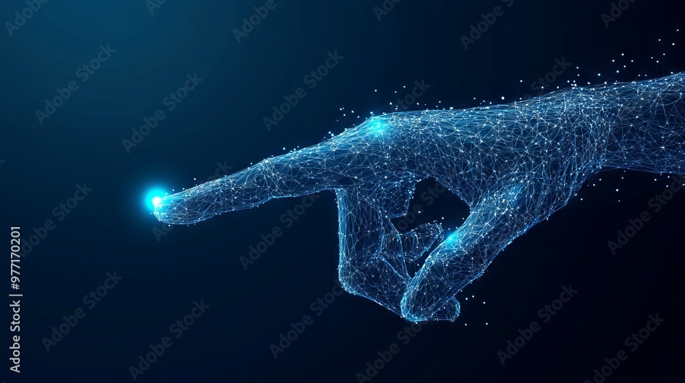 Poster 3d hand with index finger pressing or pushing button. action or gesture concept in dark blue backgro