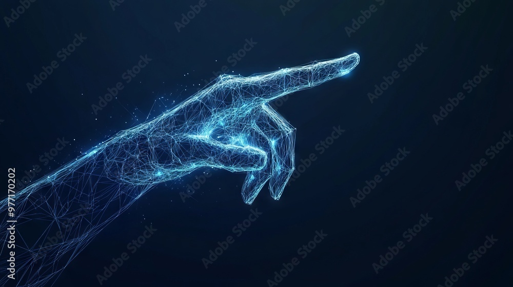 Poster 3d hand with index finger pressing or pushing button. action or gesture concept in dark blue backgro