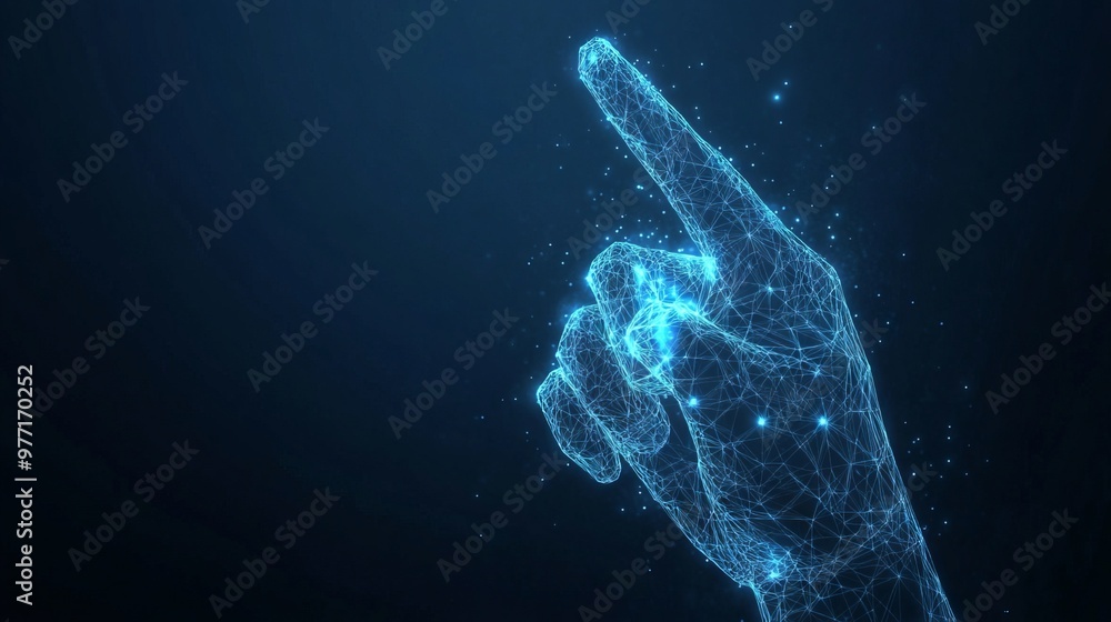 Poster 3d hand with index finger pressing or pushing button. action or gesture concept in dark blue backgro