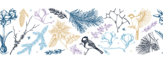 Winter flower seamless pattern. Christmas background. Floral border design, Birds on tree branches sketches. Hand-drawn vector background. NOT AI generated