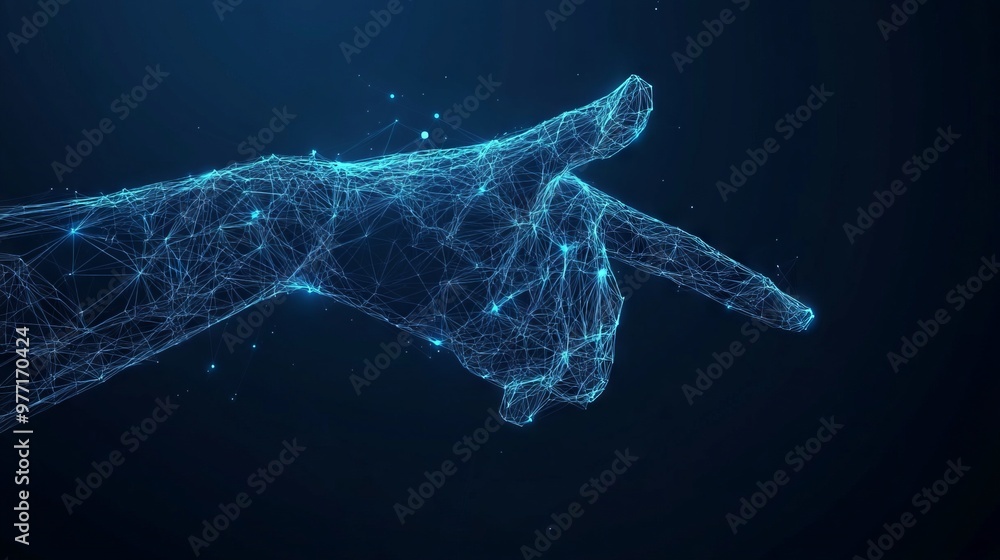Poster 3d hand with index finger pressing or pushing button. action or gesture concept in dark blue backgro
