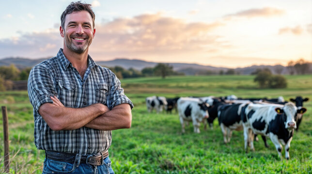 &eacute;leveur de vaches posant fi&egrave;rement dans son champ devant son troupeau